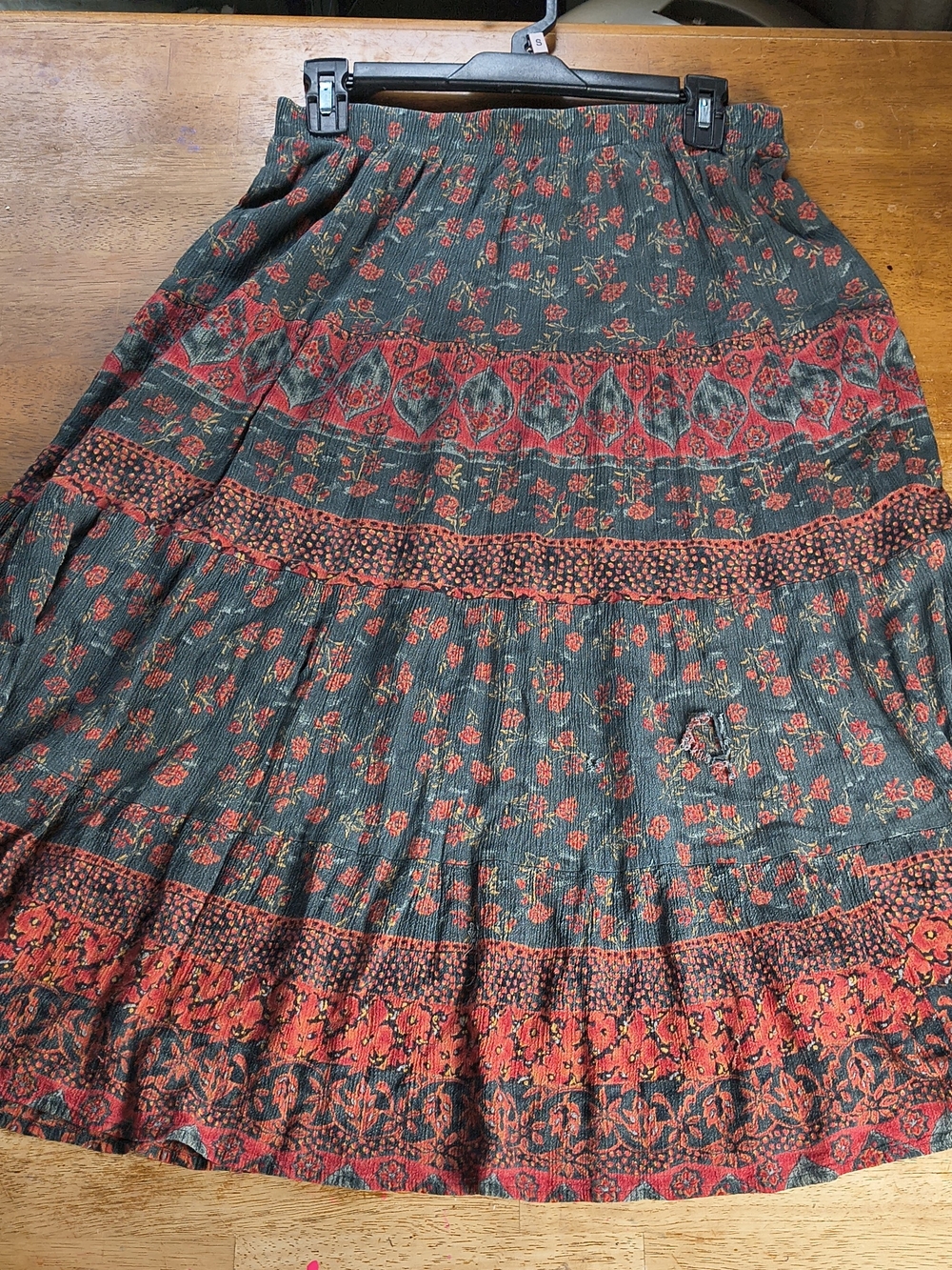 Vintage boho floral rayon tiered midi skirt
